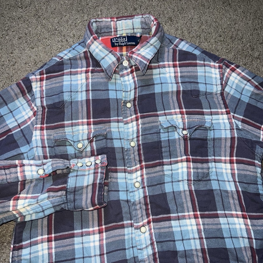 Vintage 90s Polo Ralph Lauren Navy Metal Snap Western Shirt M